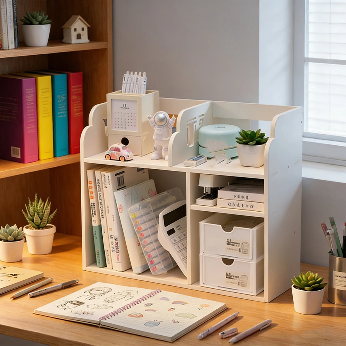 White Desk Organizer Shelf with Drawers | Desktop Storage Rack Desk Organizer Shelf Richie's