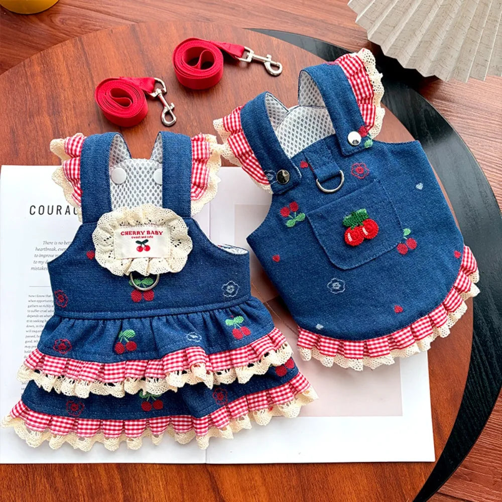 Denim Dog Dress Harness Set with Leash – Cherry Pattern Skirt Dog Dress Harness Richie's