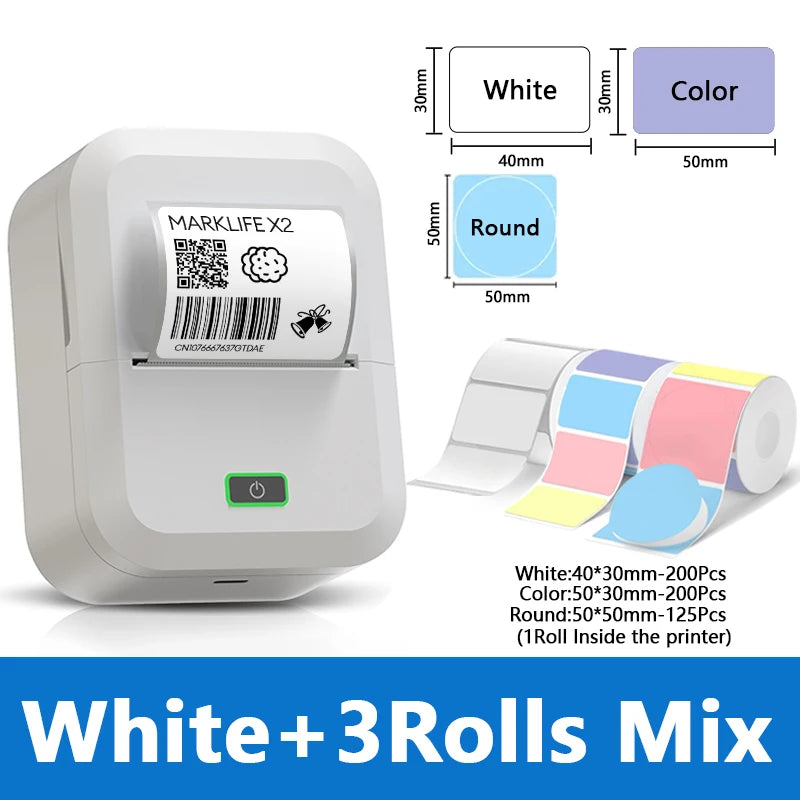 Marklife X2 Mini Bluetooth Thermal Label Printer – Inkless Thermal Label Printer Richie's White 3Rolls Mix 1