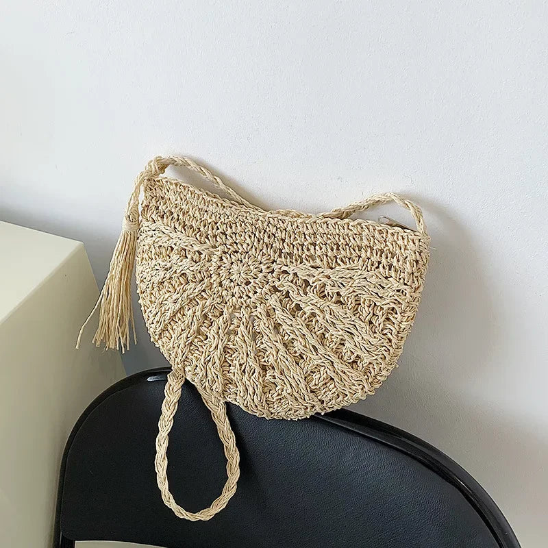 Handmade Straw Woven Semicircle Crossbody Bag | Boho Beach Bag Woven Crossbody Bag Richie's Beige 23x17