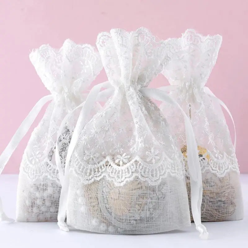 White Gauze Drawstring Gift Bags – Reusable Lace Sachet Pouches Drawstring Gift Bag Richie's