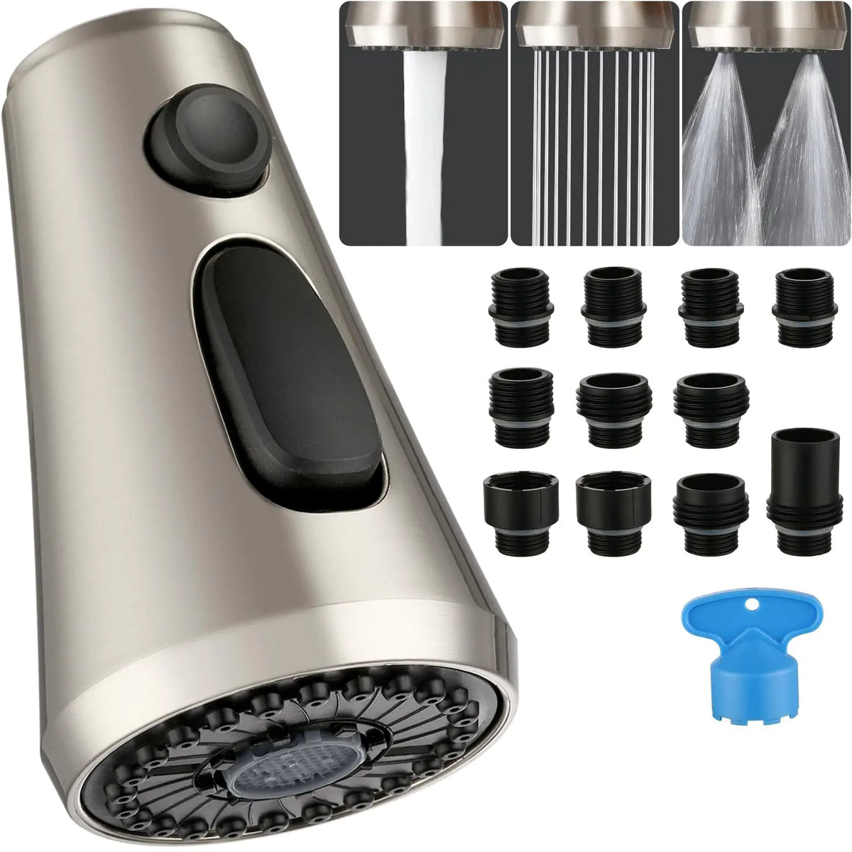 Pull-Down Kitchen Faucet Nozzle – 11 Adapters, 3 Flow Modes Faucet Spray Nozzle Richie's BN brushed color