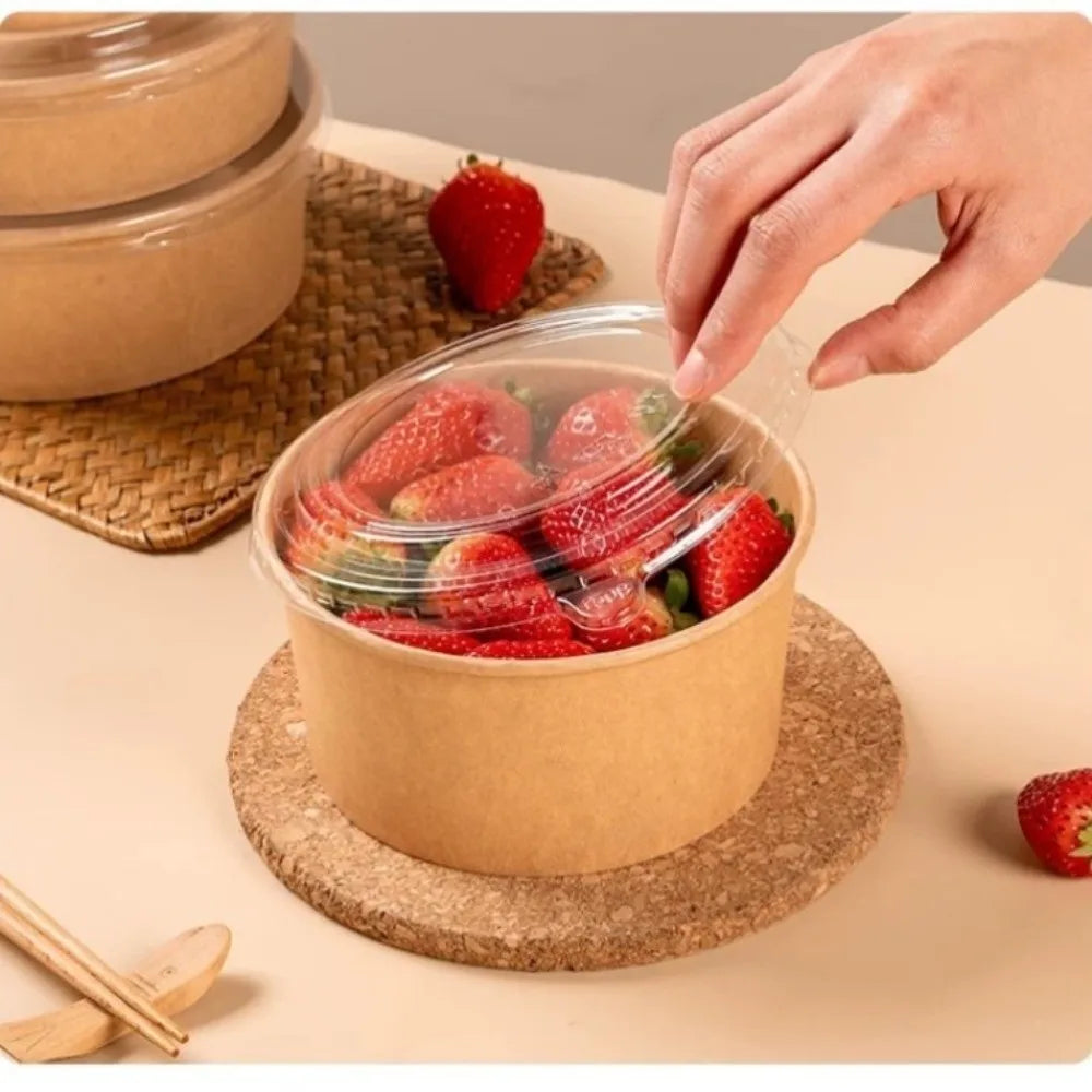50pcs Kraft Paper Salad Bowls with Lids 500/750ml Disposable Disposable Food Bowls Richie's