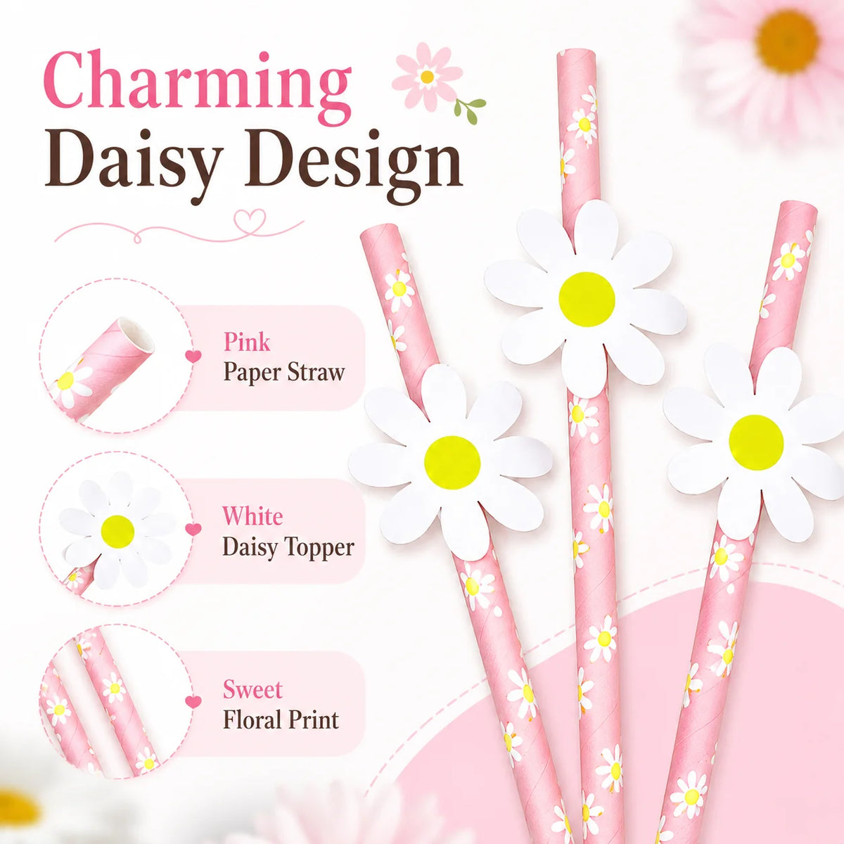 10 Pink Chrysanthemum Paper Straws – Decorative Disposable Decorative Paper Straws Richie's