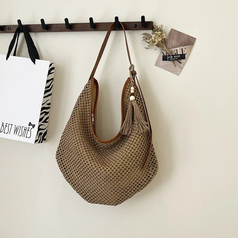 Rattan Woven Women Shoulder Bag Large Beach Tote Straw Purse Woven Shoulder Bag Richie's Khaki