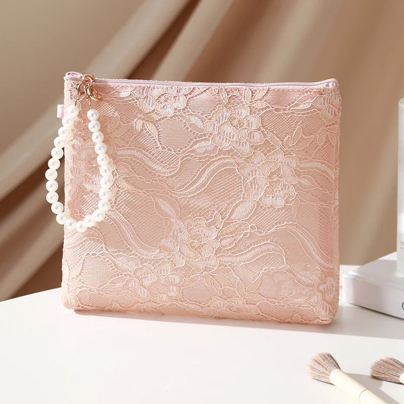 Lace Cosmetic Pouch with Pearl Chain – Women's Makeup Bag Cosmetic Makeup Bag Richie's L-23X21X4CM-pink
