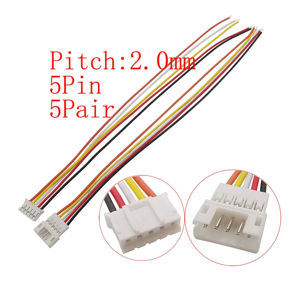 10Pcs JST PH 2.0mm Connector 2–6 Pin Male Female 26AWG Cables Wire Connector Set Richie's 5Pair 5Pin-JK