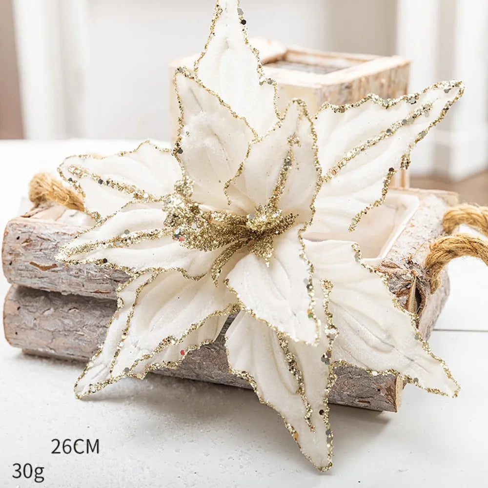 Glitter Poinsettia Artificial Christmas Flower 26cm Decoration Artificial Christmas Flower Richie's White