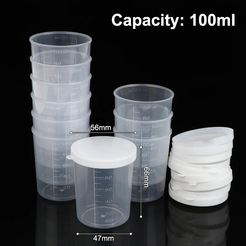 10Pcs Clear Measuring Cups with Lids 20ml–100ml Plastic Set Plastic Measuring Cups Richie's 100ml