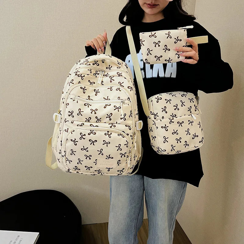 3-Piece Bow Backpack Set – Large Capacity Nylon School Bag Backpack Set Richie's beige brown