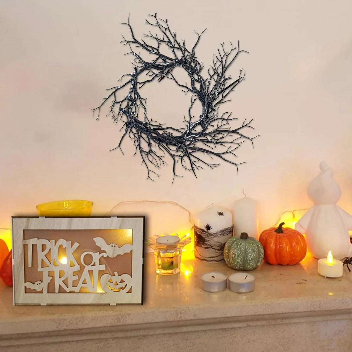 Spooky Black Branch Halloween Wreath – Vintage Wall Hanging Halloween Wreath Richie's 1pc