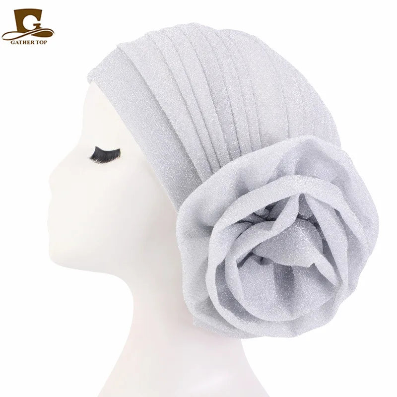 Women Pleated Flower Turban Hat Stretch Hijab Cap Head Wrap Turban Hijab Cap Richie's White