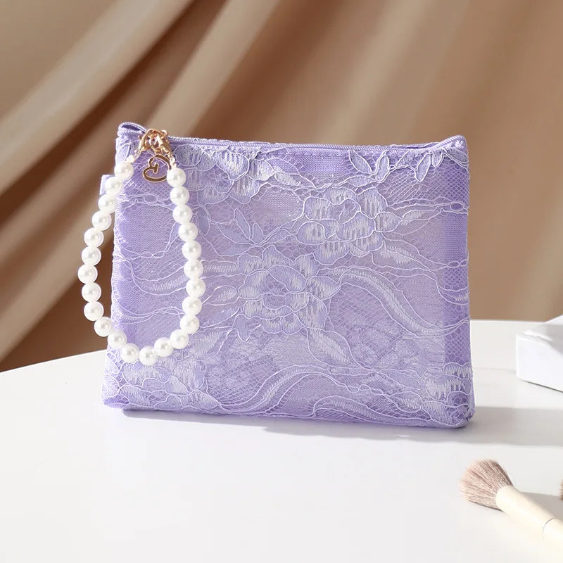 Lace Cosmetic Pouch with Pearl Chain – Women's Makeup Bag Cosmetic Makeup Bag Richie's M-17X14X8CM-purple