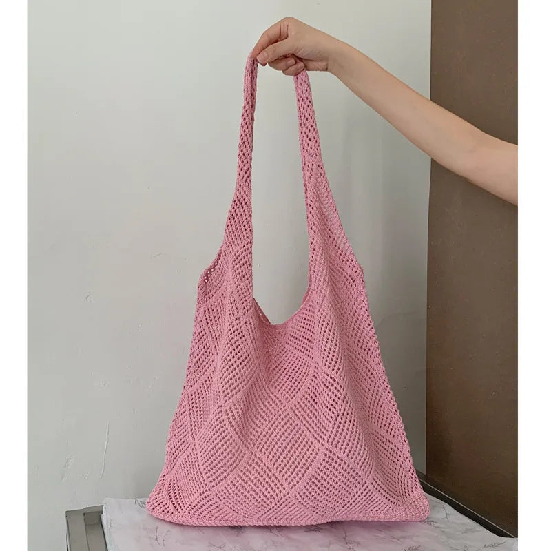 Large Capacity Knitted Crochet Shoulder Bag for Women Knitted Shoulder Bag Richie's Pink