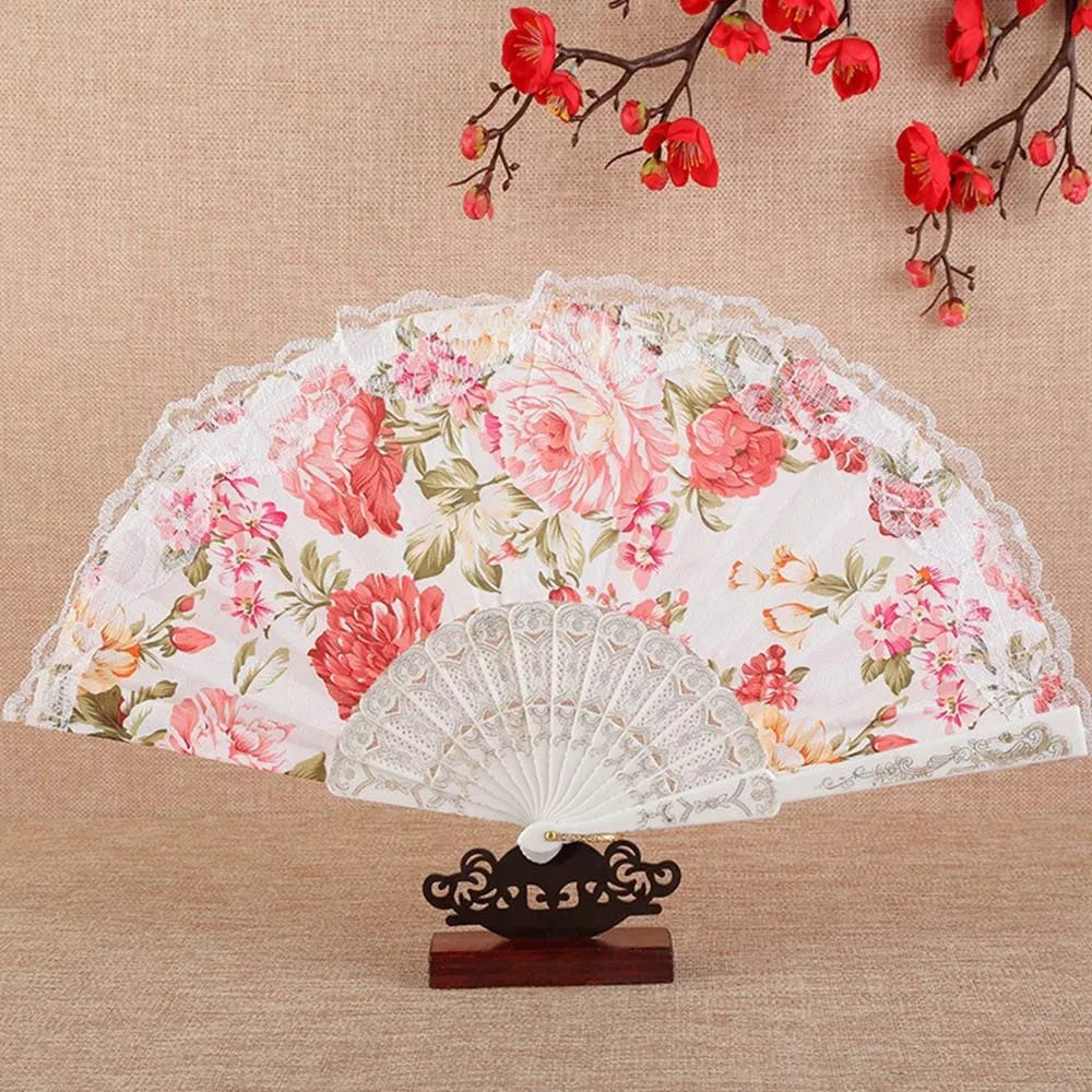 Elegant Foldable Lace Hand Fan – Floral Vintage Dance Party Decorative Hand Fan Richie's White