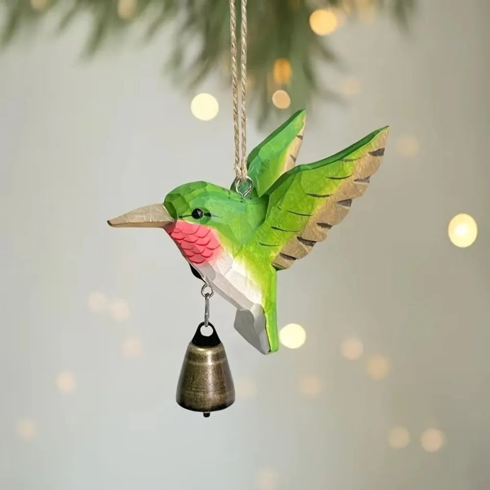 Hand-Carved Hummingbird Wood Figurine with Bell Wind Chime Wood Bird Figurine Richie's