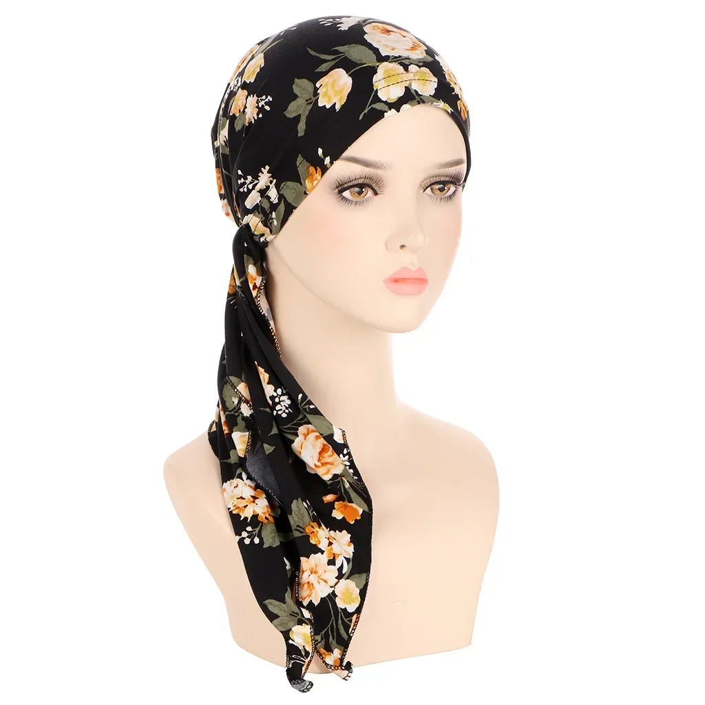 Women's Floral Turban Hijab Stretch Pre-Tied Head Wrap Cap Turban Head Wrap Richie's Black Flowers