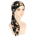 Women's Floral Turban Hijab Stretch Pre-Tied Head Wrap Cap Turban Head Wrap Richie's Black Flowers