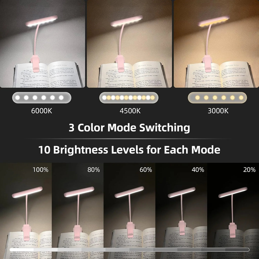 Pink USB Rechargeable Clip Book Light – 3-Color LED Reading Lamp Clip-On Book Light Richie's