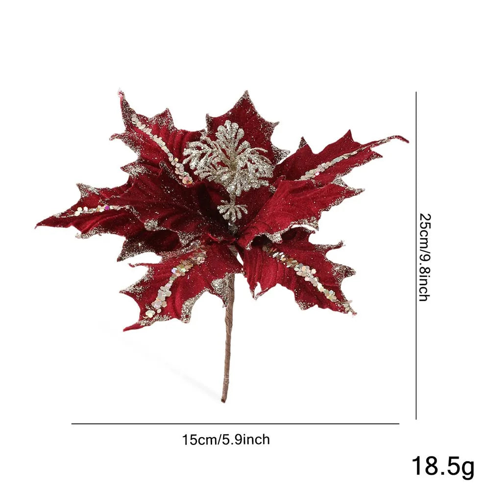 Glitter Poinsettia Artificial Christmas Flower 15cm DIY Decor Christmas Artificial Flower Richie's Red