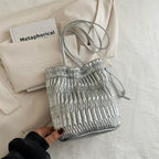 Silver Pleated Drawstring Bucket Bag – Soft PU Leather Purse Shoulder Bucket Bag Richie's Silver