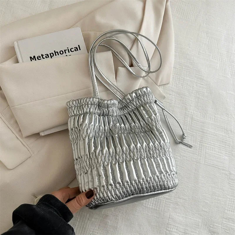 Silver Pleated Drawstring Bucket Bag – Soft PU Leather Purse Shoulder Bucket Bag Richie's Silver