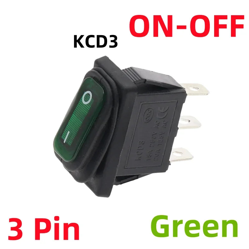 KCD3 Waterproof Rocker Switch 3-Pin ON-OFF 15A 250VAC LED Rocker Switch Richie's 2D3P-Green 220V (ON-OFF)