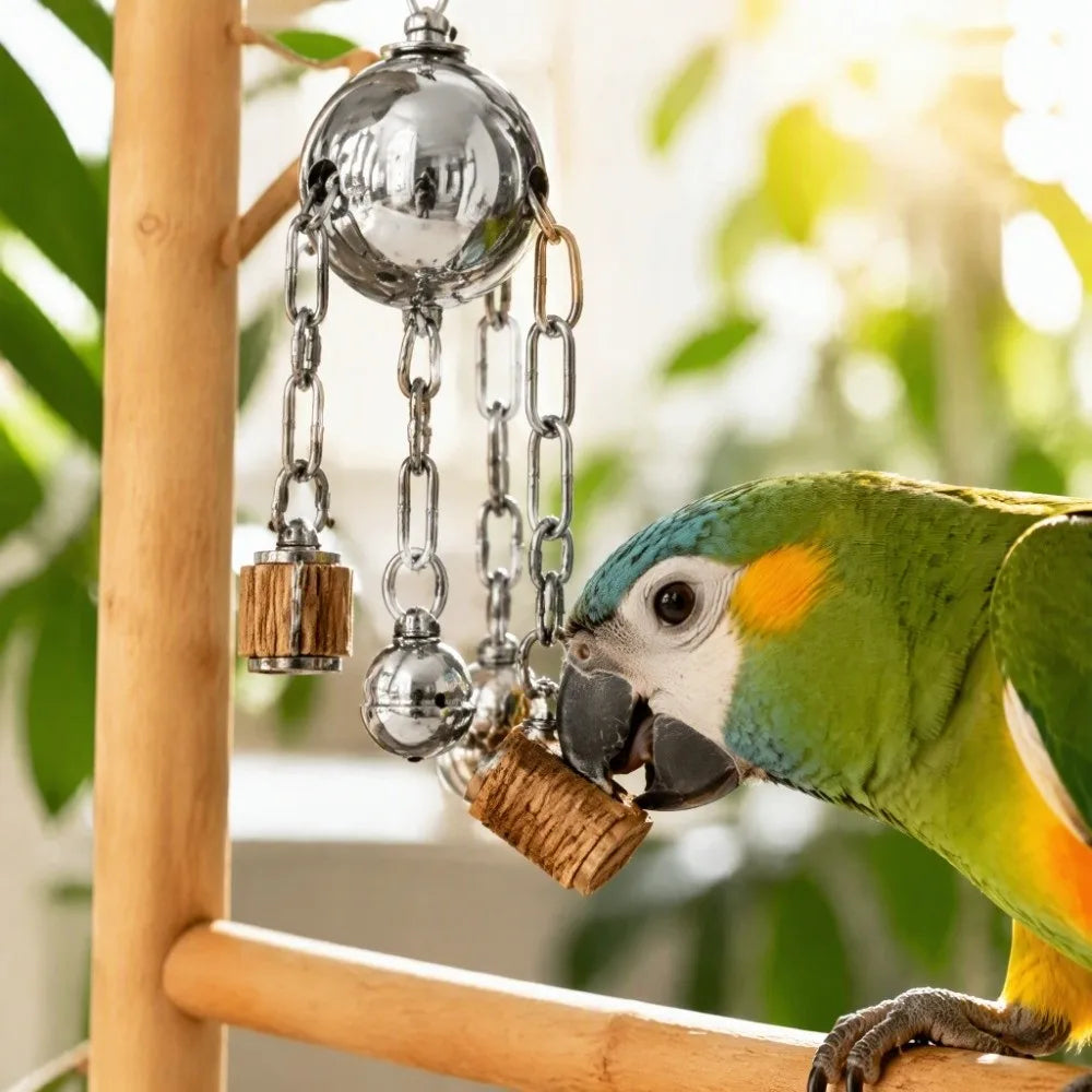 Stainless Steel Hanging Bell Parrot Chew Toy | Natural Wood Bird Chew Toy Richie's