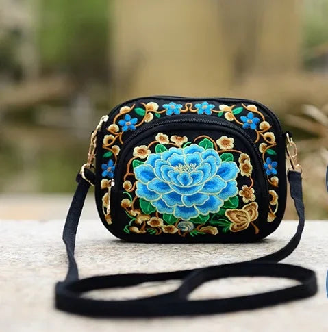 Vintage Boho Hmong Embroidery Women's Canvas Shoulder Bag Embroidery Shoulder Bag Richie's Blue Peony