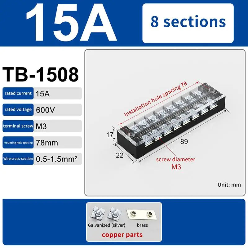 Dual Row Barrier Screw Terminal Block 15A 600V TB Series Screw Terminal Block Richie's TB1508