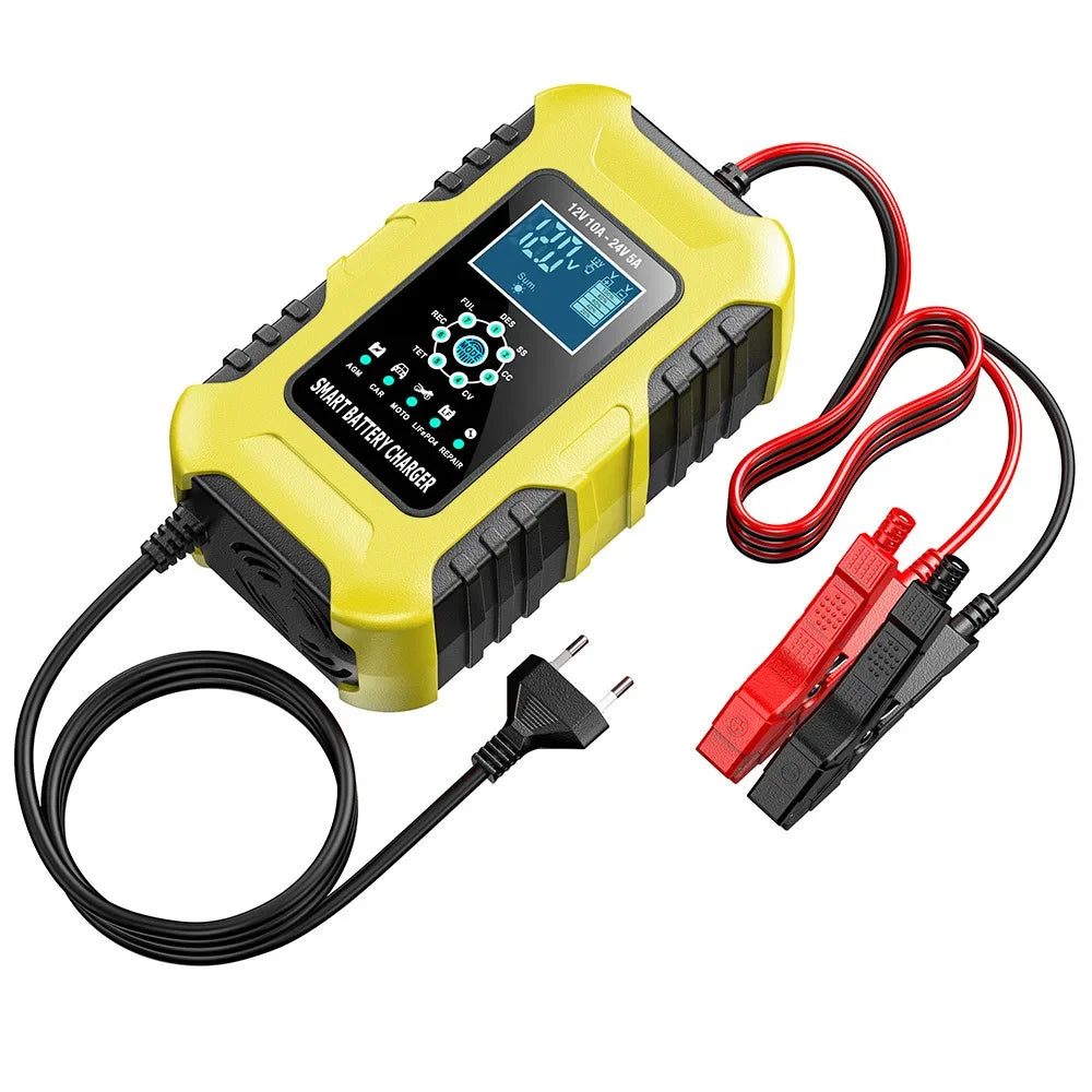 Smart Car Battery Charger 12V/10A 24V/5A AGM Wet 7-Stage Auto Battery Charger Richie's Yellow
