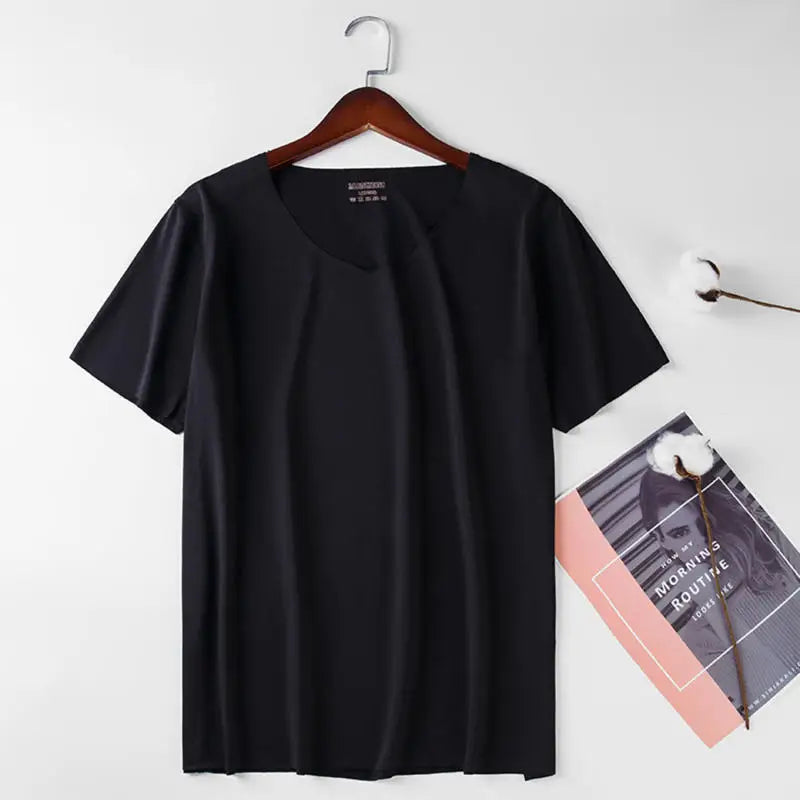 Men's Ice Silk V-Neck Slim Fit Short Sleeve T-Shirt 2025 Men's T-Shirt Richie's Black XXL