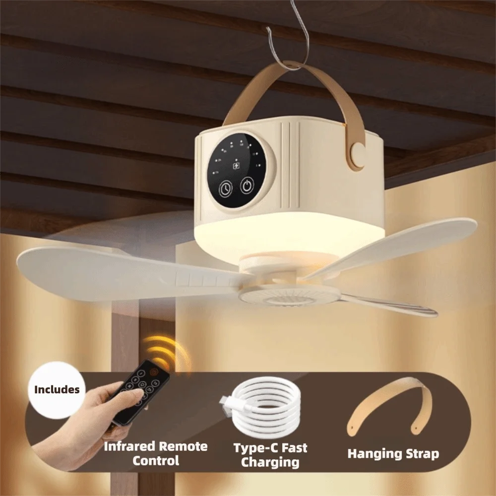 USB Rechargeable Hanging Ceiling Fan – Remote & LED Light Portable Ceiling Fan Richie's Yellow