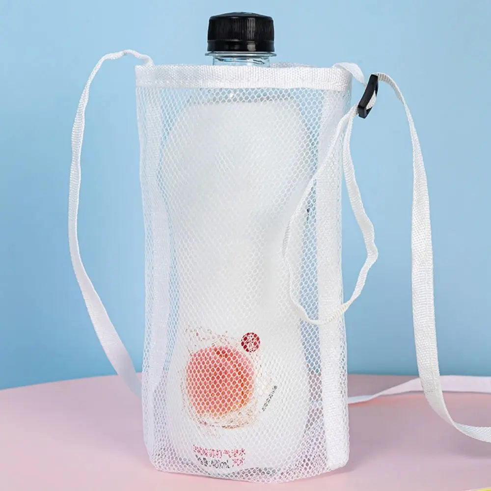 Mesh Water Bottle Holder Bag with Retractable Strap – 8 Colors Bottle Holder Bag Richie's white