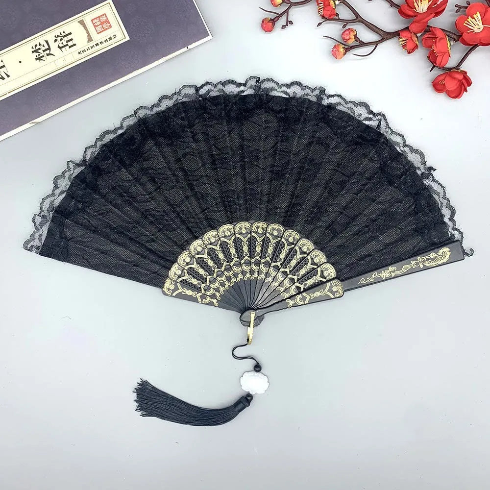 Lace Folding Hand Fan Tassel Floral Pattern – Gift & Photo Prop Decorative Folding Fan Richie's 3