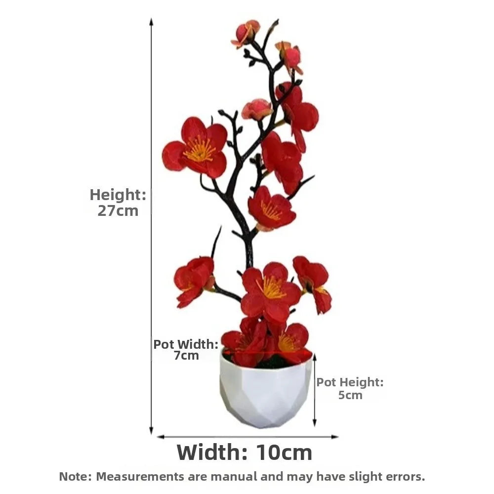 Red Artificial Plum Blossom Bonsai | Fake Flower Potted Plant Artificial Potted Plant Richie's