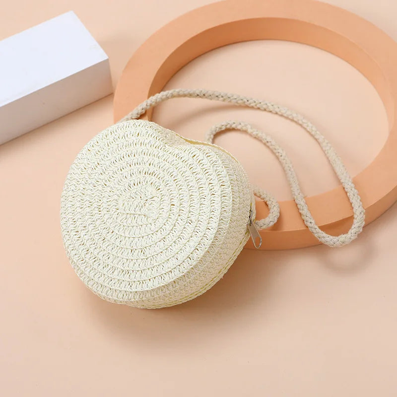 Woven Straw Crossbody Bag & Heart Coin Purse – Kids Beach Bag Woven Crossbody Bag Richie's white 11x11x6cm