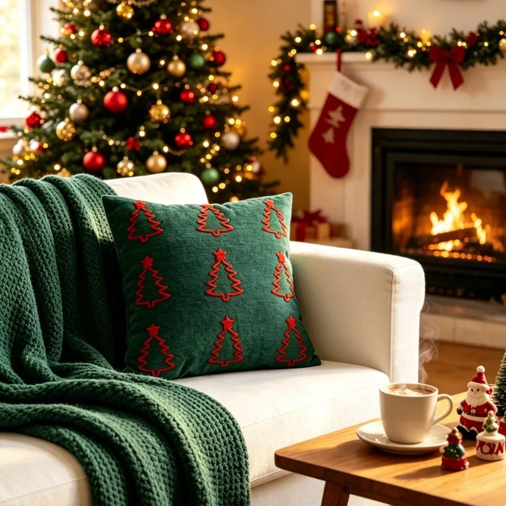Chenille Christmas Tree Pillow Cover – Embroidered Holiday Cushion Throw Pillow Cover Richie's