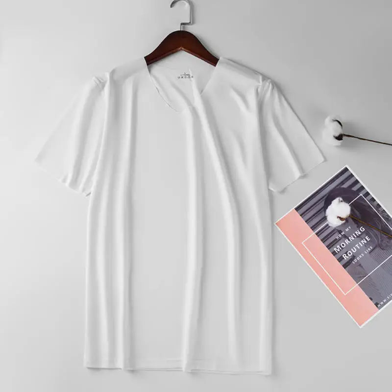 Men's Ice Silk V-Neck Slim Fit Short Sleeve T-Shirt 2025 Men's T-Shirt Richie's White XXXL