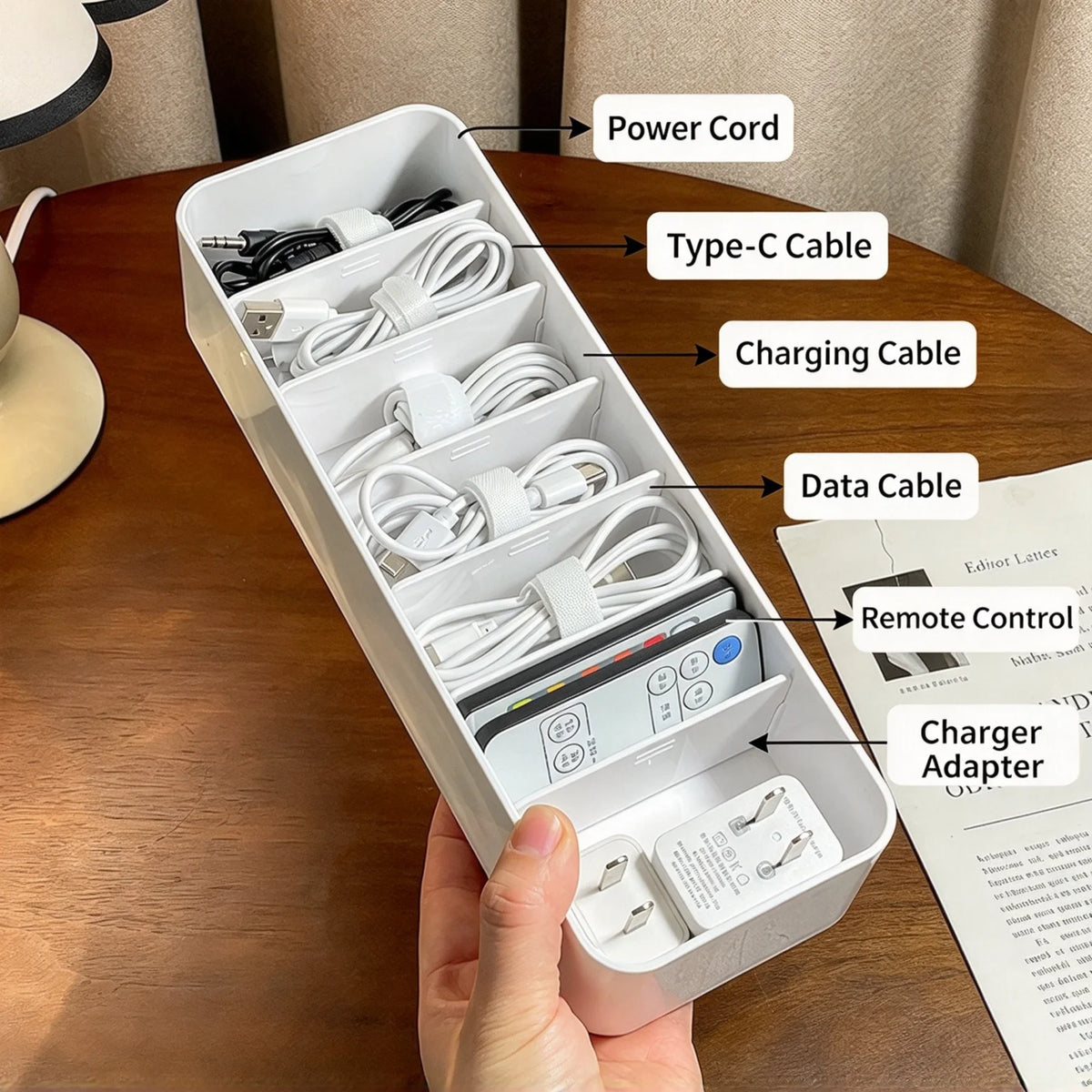 8-Grid Desktop Cable & Charger Storage Box Organizer – White Cable Storage Organizer Richie's