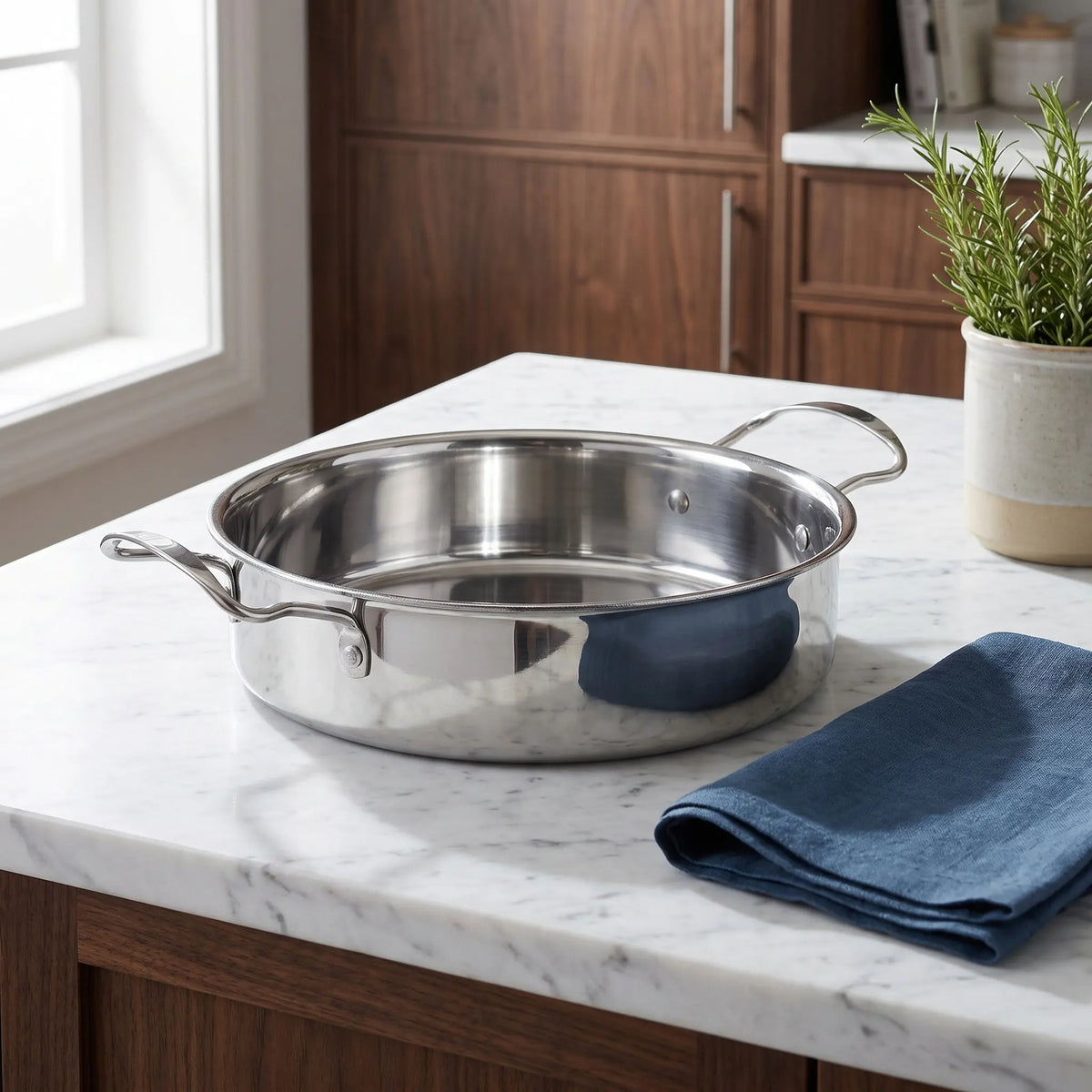 Stainless Steel Paella Pan 8.3" Double Handle Flat Bottom Frying Pot Paella Frying Pan Richie's