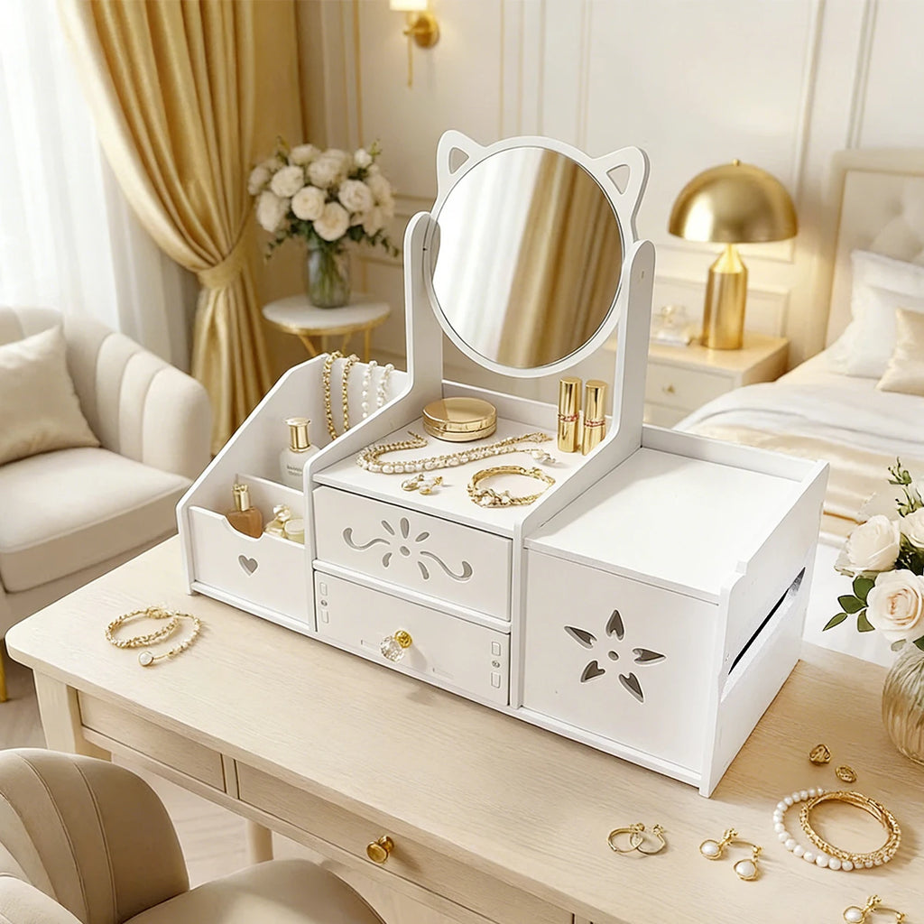 Cat Ear Makeup Organizer with Mirror & Drawers – White Makeup Organizer Richie's