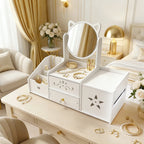 Cat Ear Makeup Organizer with Mirror & Drawers – White Makeup Organizer Richie's