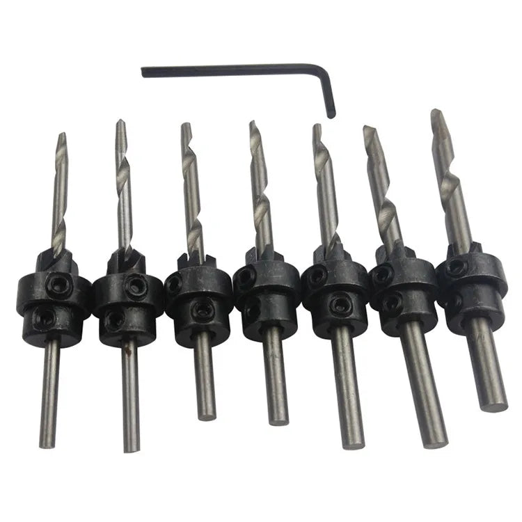 7-Pc Tapered Countersink Drill Bit Set with Stop Collars | HSS Countersink Drill Set Richie's