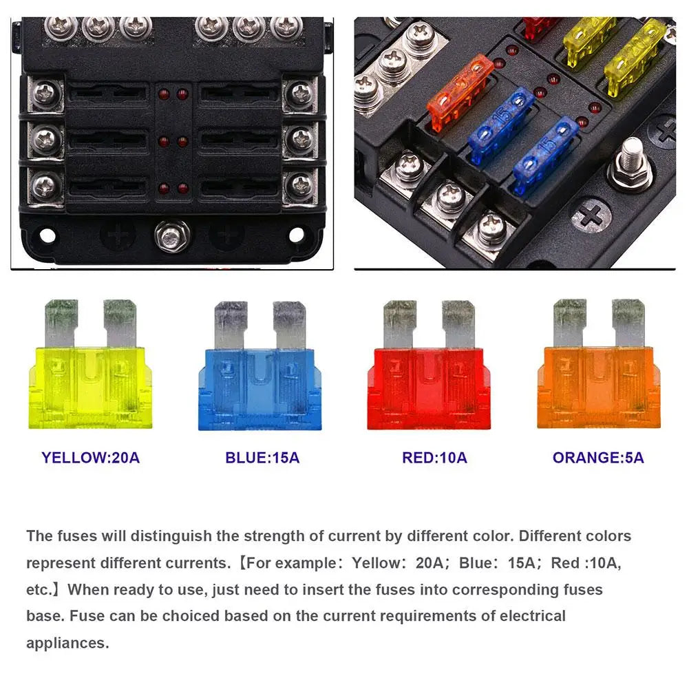 6/12 Way Waterproof Blade Fuse Block with LED Indicator 12V–32V Blade Fuse Block Richie's