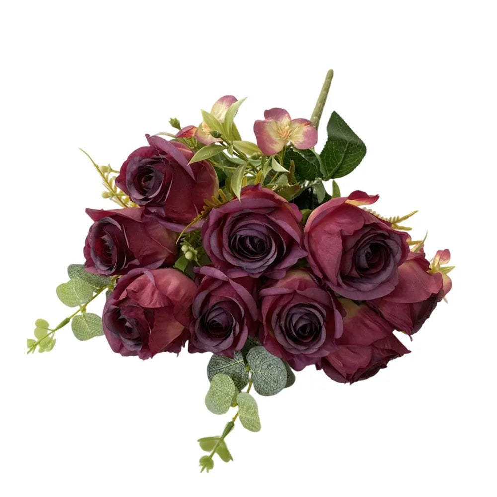 9-Head Multicolor Artificial Rose Bouquet – Bridal & Home Decor Artificial Flower Bouquet Richie's Dark Red