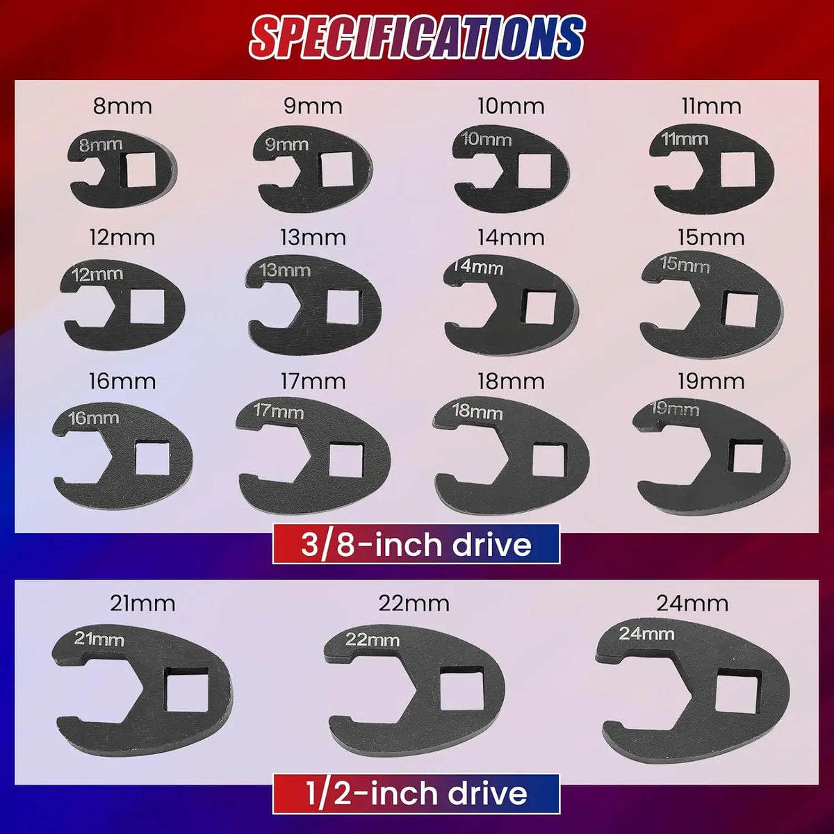 15pc Metric Crowfoot Wrench Set 3/8" & 1/2" Drive 8–24mm Crowfoot Wrench Set Richie's