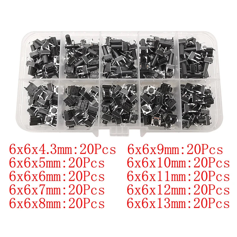200Pcs 6x6mm Tact Switch Kit – 10 Heights, 4-Pin PCB Momentary Tactile Switch Kit Richie's