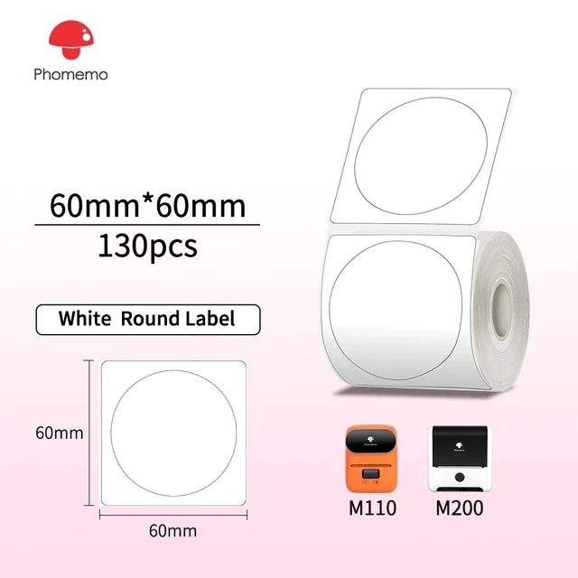 Phomemo M110 M200 M221 Round Transparent Thermal Labels 1.57" Thermal Label Roll Richie's white 60x60-130