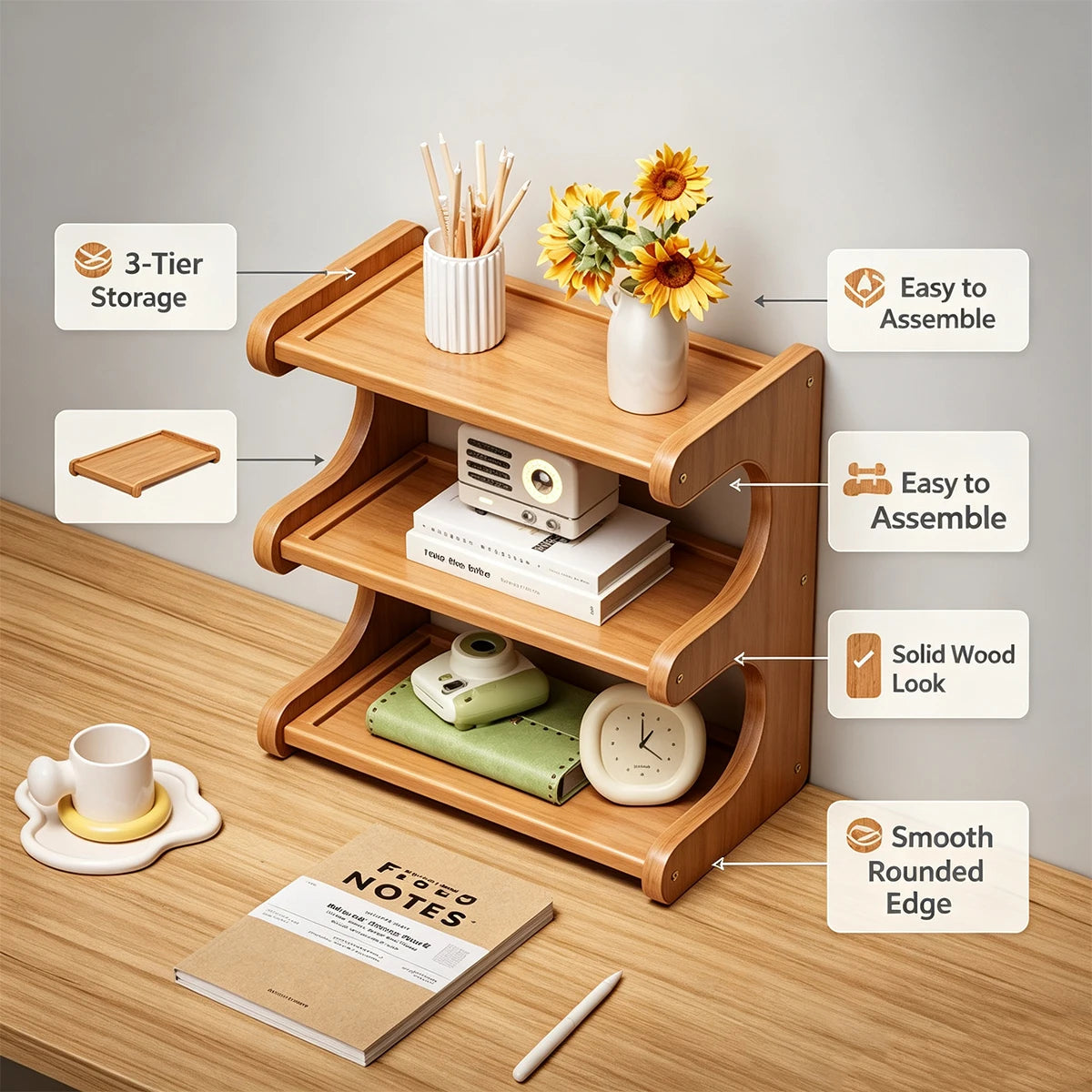 Multi-Layer Wood Desktop Storage Rack – Bookshelf & Organizer Desktop Storage Rack Richie's 3-tier